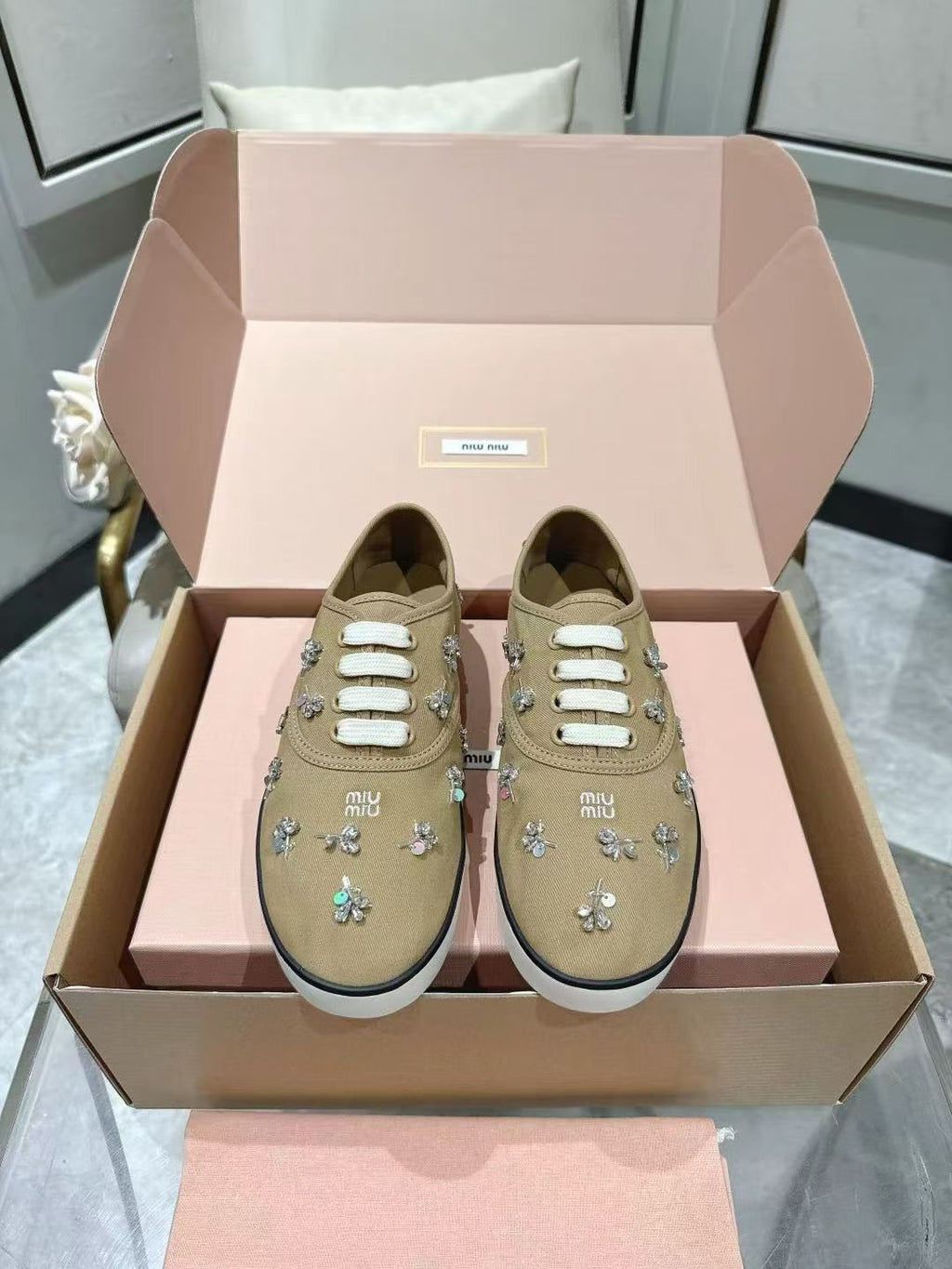 Miu Miu Floral Rhinestone Canvas Sneakers